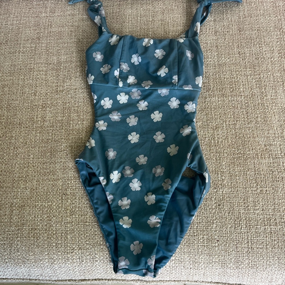 Kids Swim One Piece in Teal with Floral Pattern